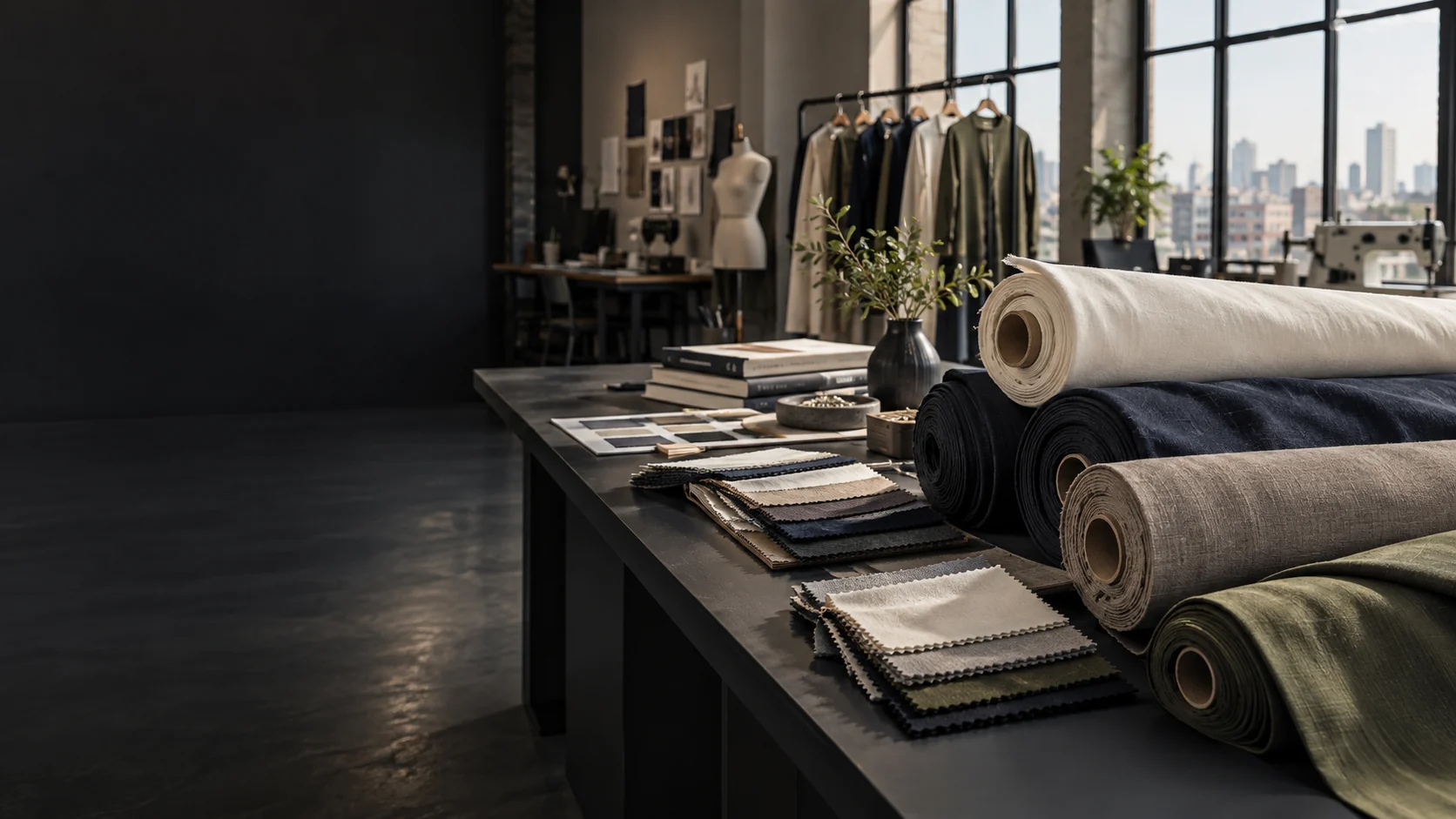 Fabric rolls and swatches in an apparel development studio in Bangladesh