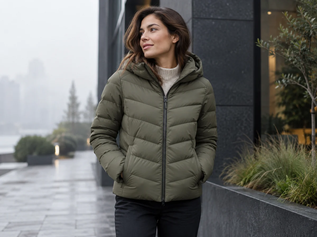 Model wearing a muted olive quilted jacket