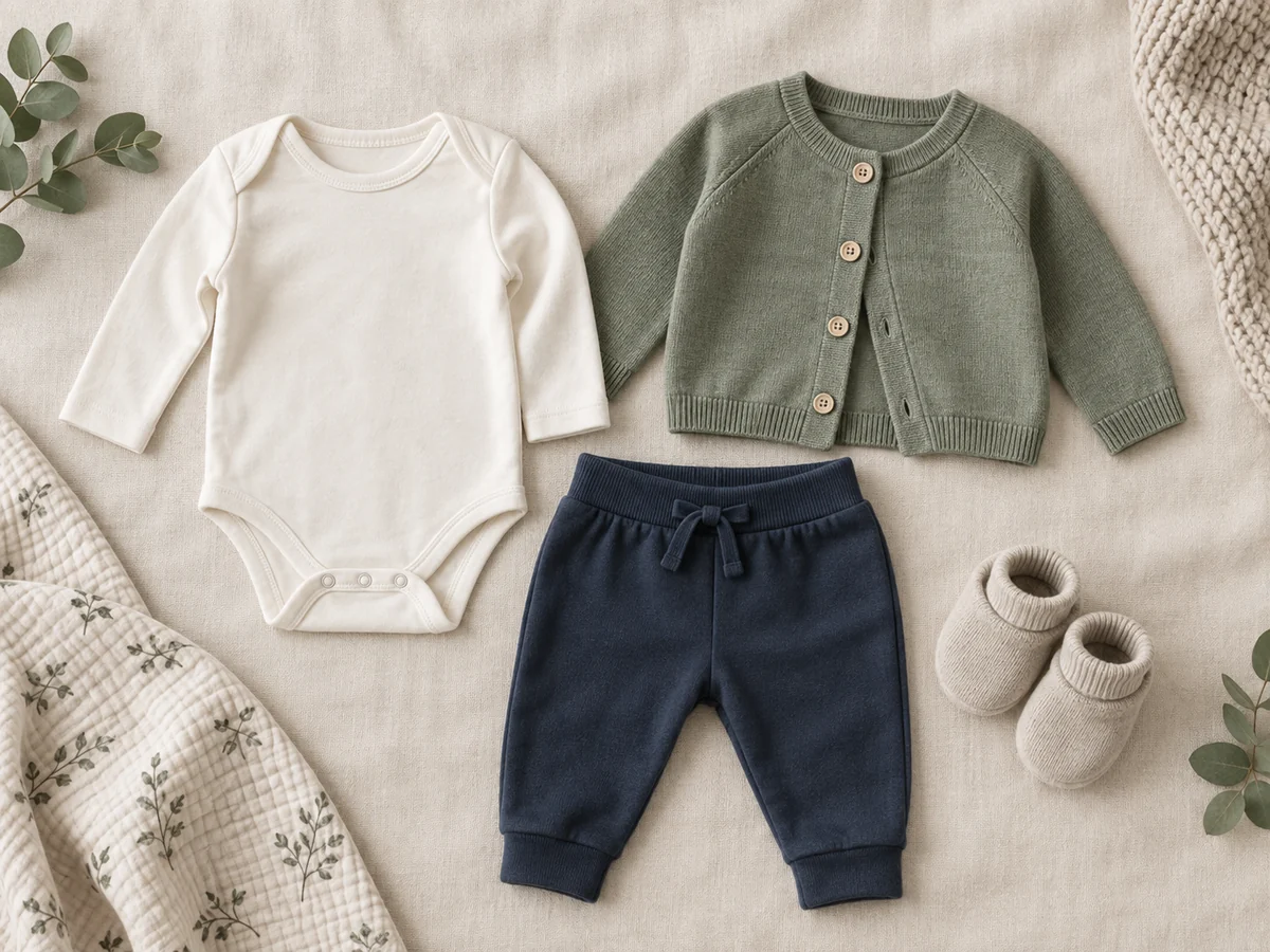 Baby bodysuit, cardigan, trousers and soft booties