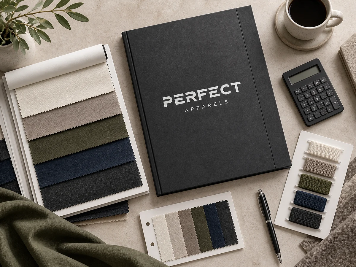 Fabric and thread swatches with a Perfect Apparels sourcing folder