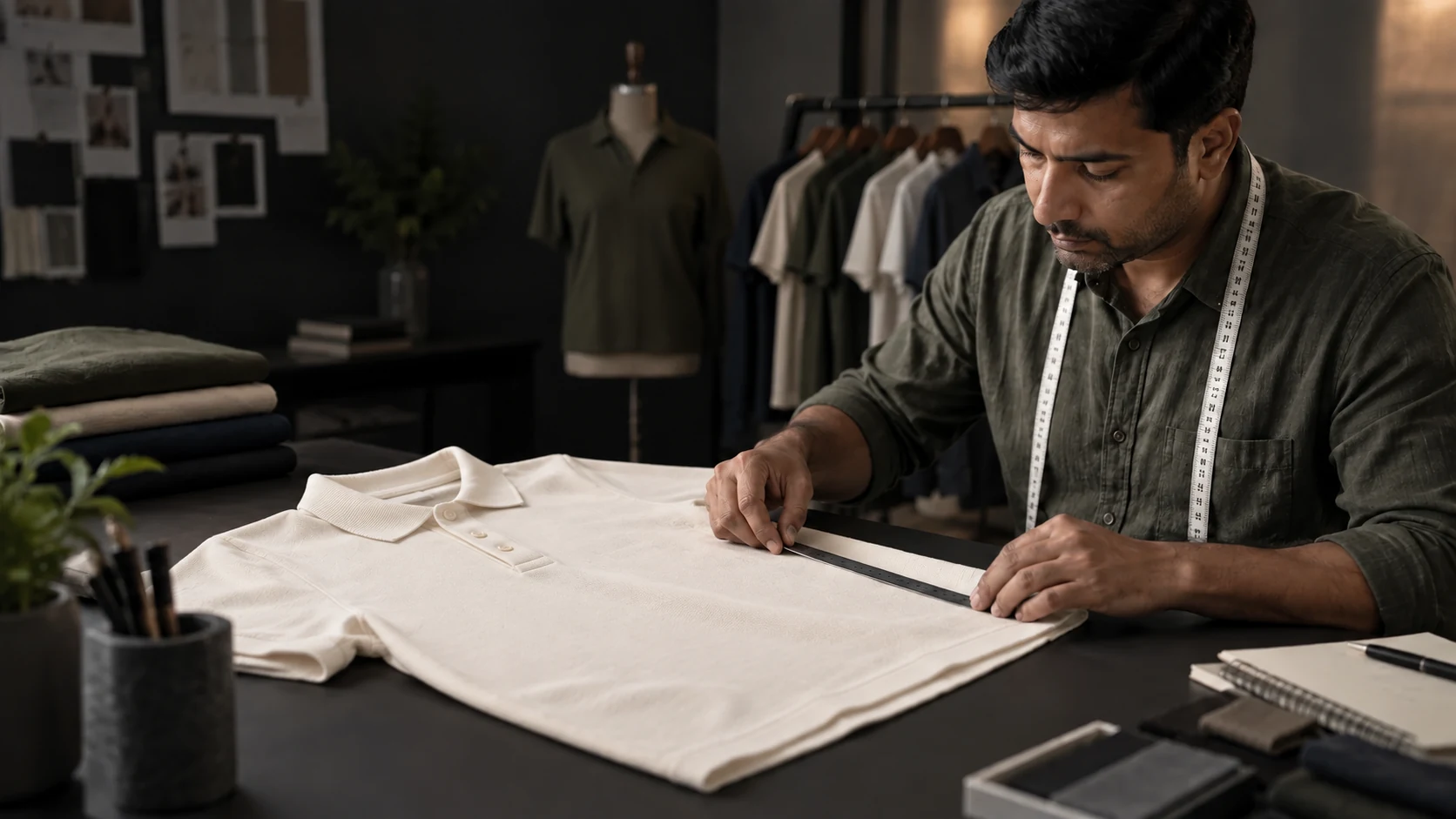 Quality specialist inspecting an ivory piqué polo