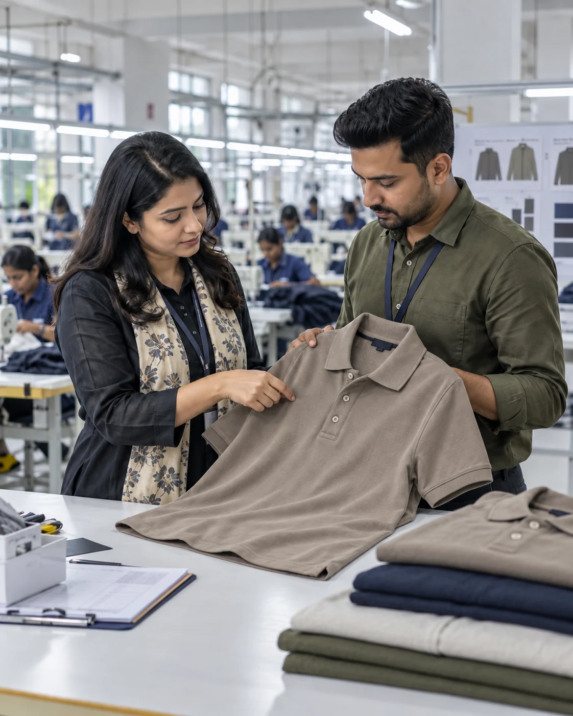 Professionals inspecting a piqué polo at a factory