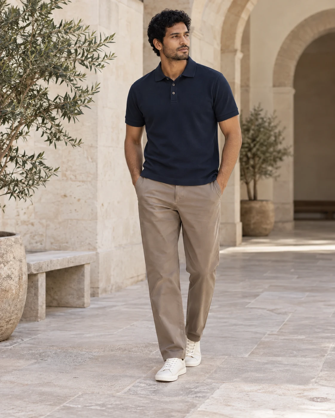 Menswear outfit with navy piqué polo and taupe trousers