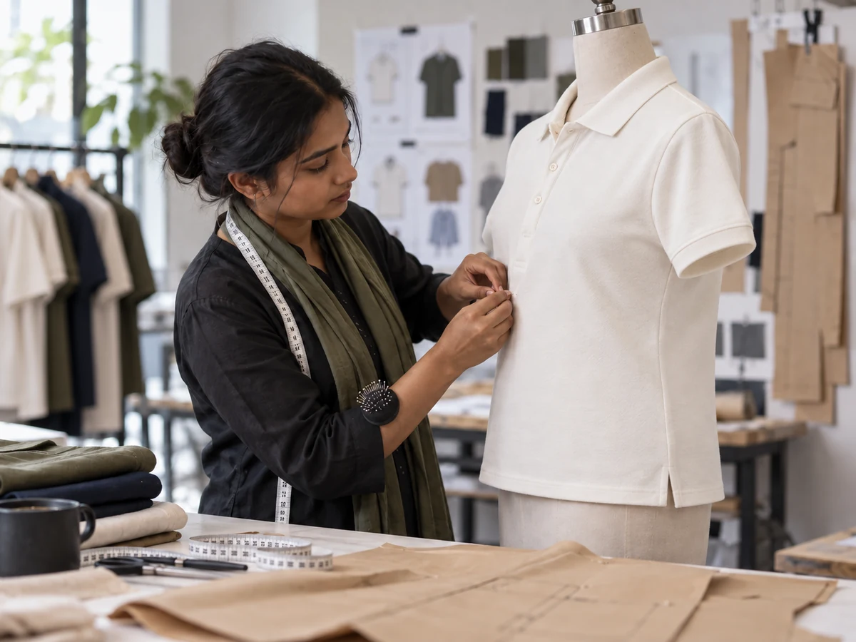 Sample maker fitting an ivory piqué polo on a dress form