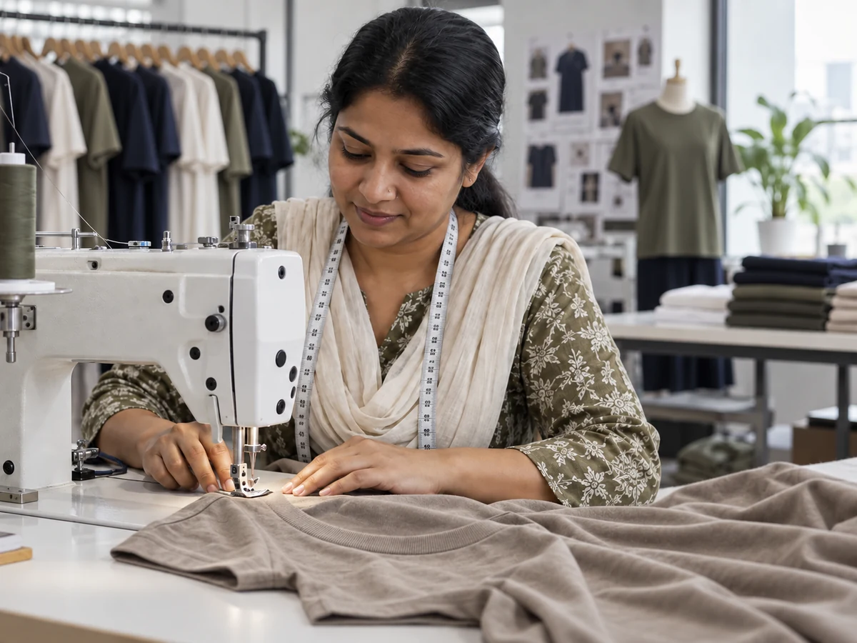 Garment maker sewing a taupe cotton jersey T-shirt