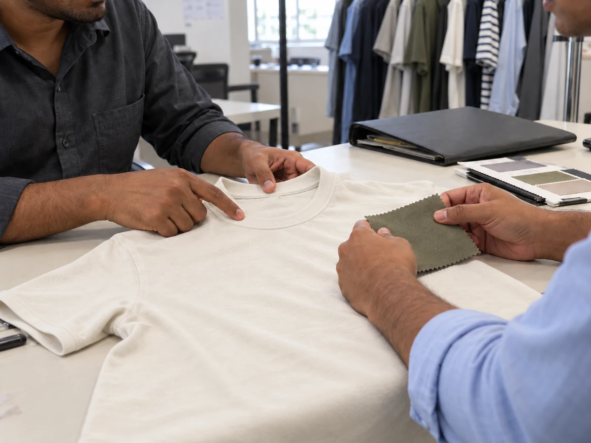 Merchandisers reviewing an ivory crew-neck T-shirt and fabric swatch