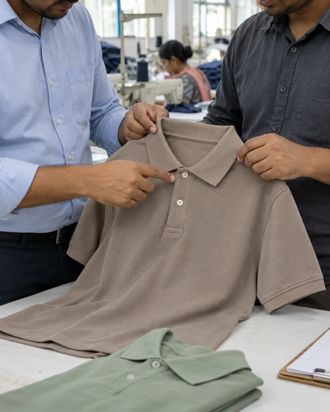 Apparel professionals inspecting a taupe piqué polo at a factory inspection station